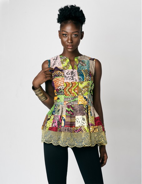 Sleeveless patchwork african wax and lace top.
